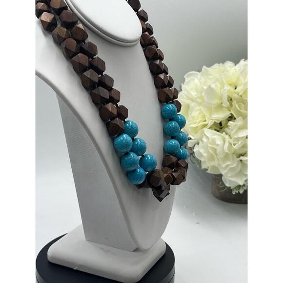 Kenneth Jay Lane Vintage Signed Hand KnotTwo Row‎ Wood Bead Turquoise Necklace - Picture 6 of 16